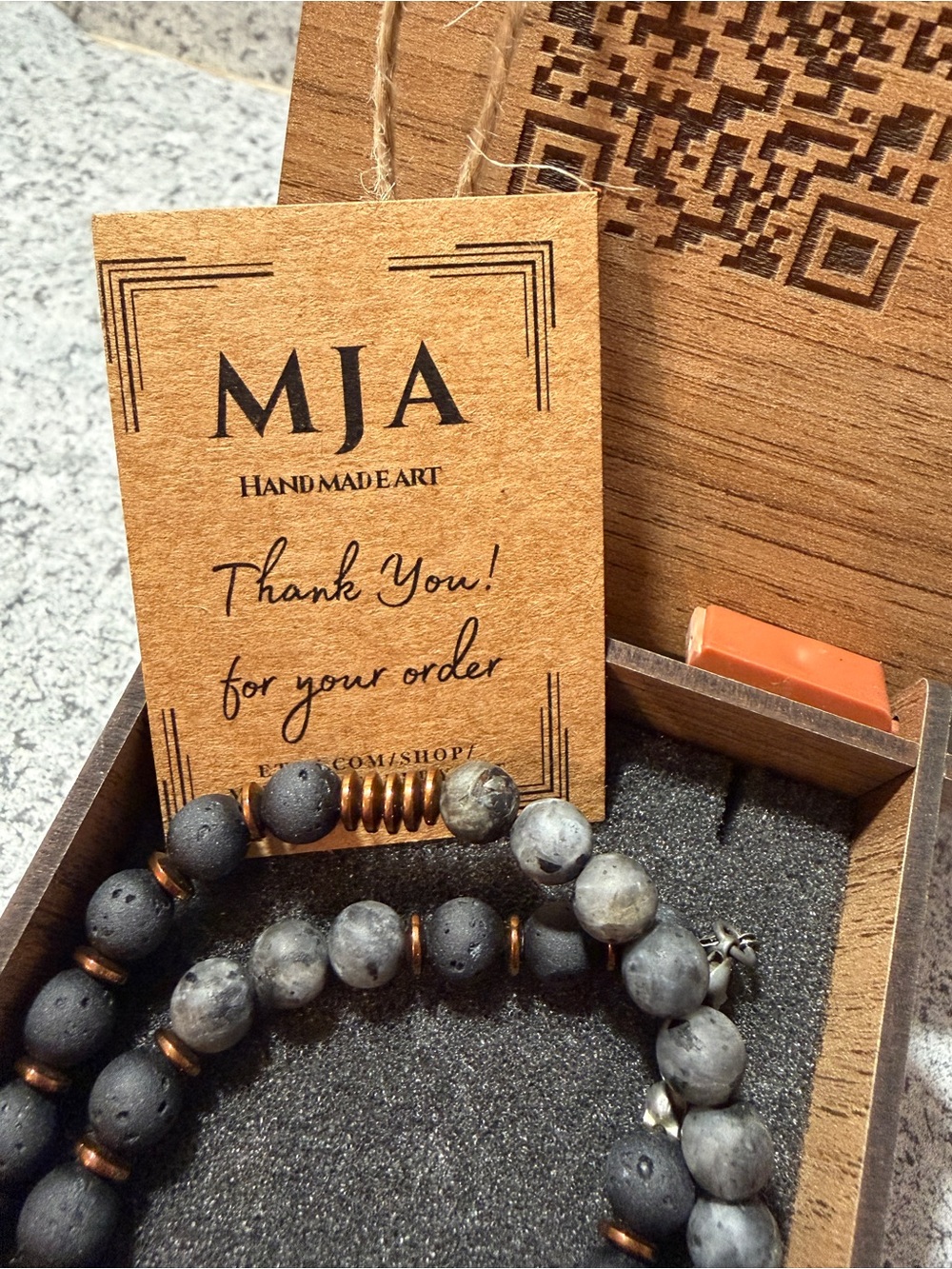Handmade MJA Lava Rock & Labradorite Beaded Necklace. Engraved Wooden Gift Box.